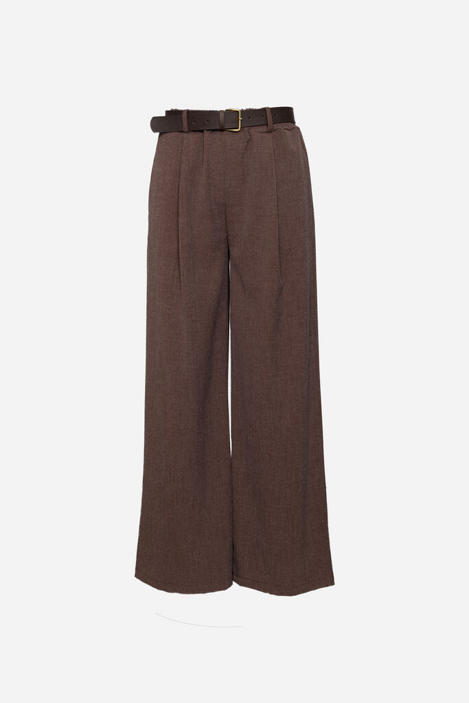 Brown Wide-Leg Pleated Trousers with Belt
