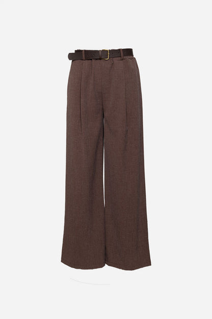 Brown Wide-Leg Pleated Trousers with Belt
