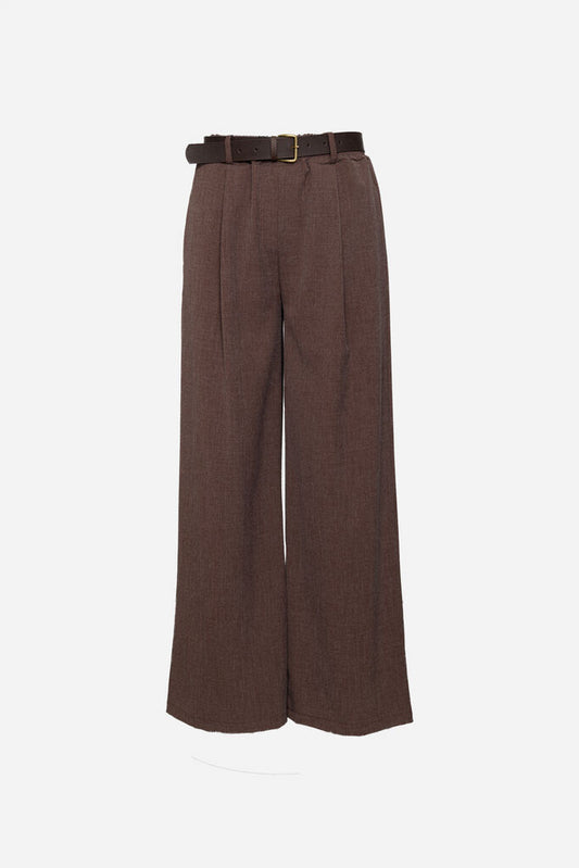 Brown Wide-Leg Pleated Trousers with Belt