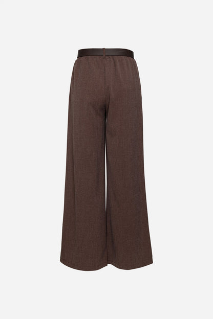 Brown Wide-Leg Pleated Trousers with Belt