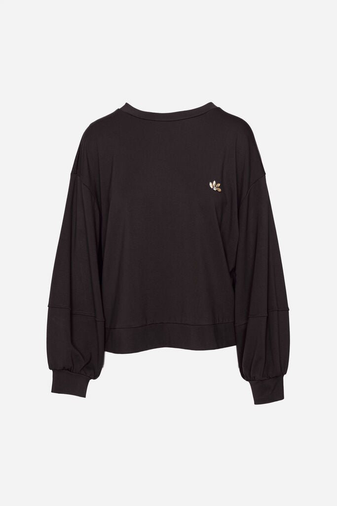 Black Relaxed Long Sleeve Top with Embellishment