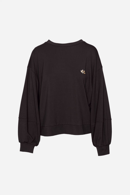 Black Relaxed Long Sleeve Top with Embellishment