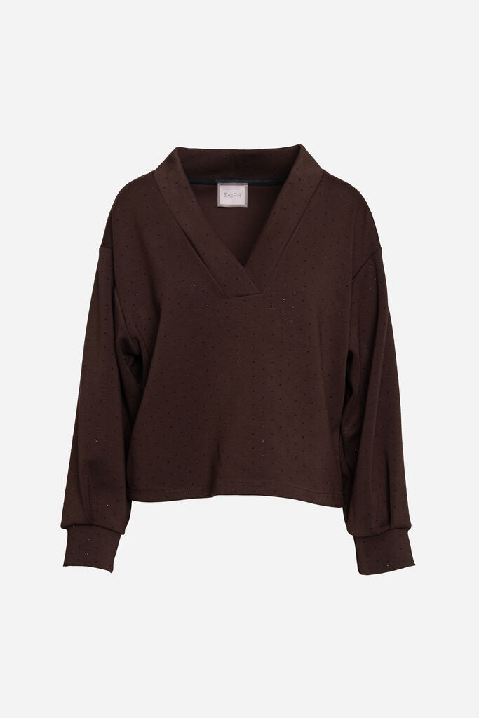 Dark Brown Textured Knit V-Neck Relaxed Pullover