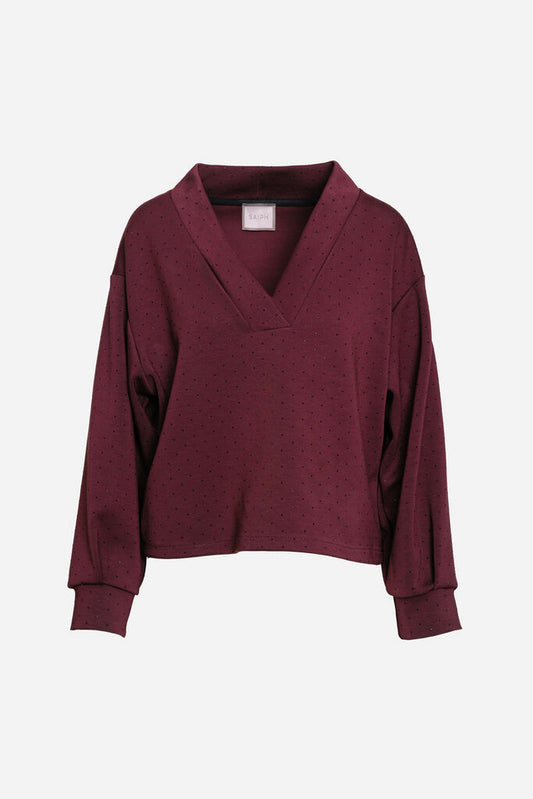 Burgundy Textured V-Neck Sweater with Dropped Shoulders