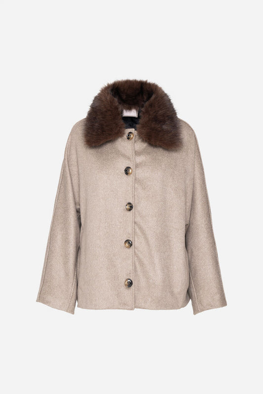 Beige Wool Blend Coat with Faux Fur Collar