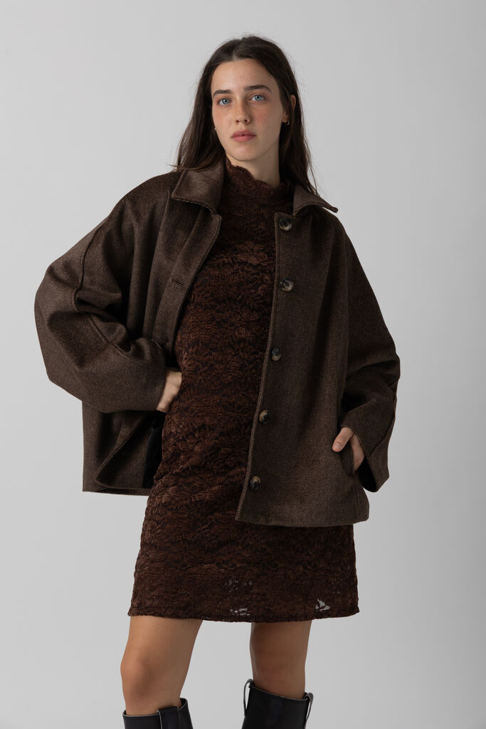 Brown Textured Jacket with Faux Fur Collar