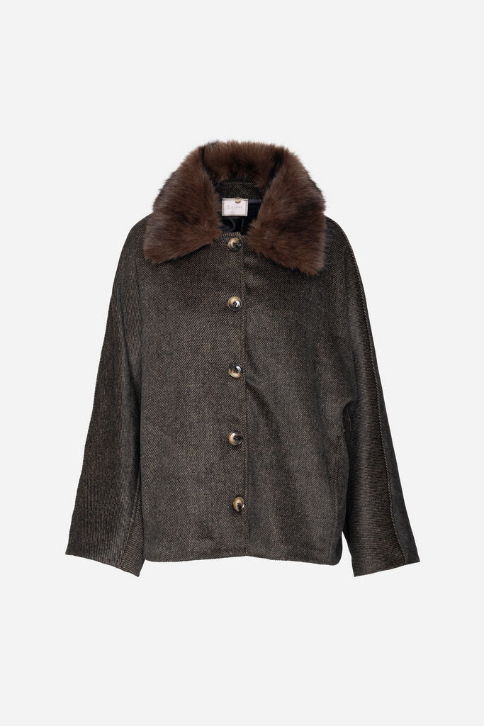 Charcoal Tweed Jacket with Faux Fur Collar