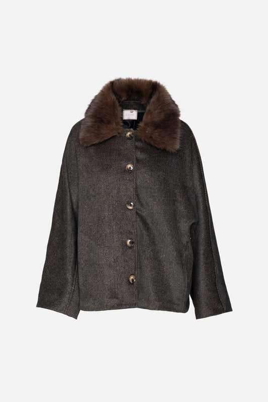 Charcoal Tweed Jacket with Faux Fur Collar