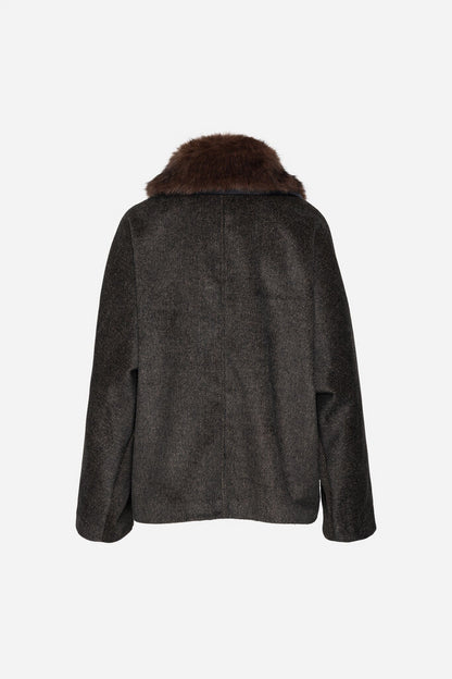 Charcoal Tweed Jacket with Faux Fur Collar