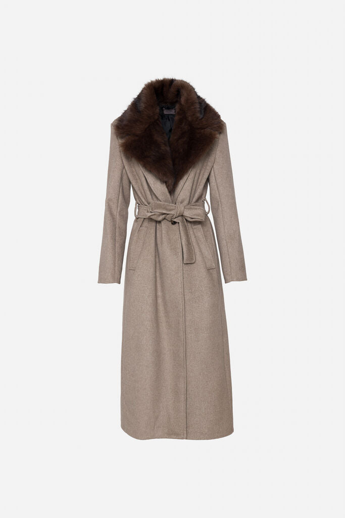 Taupe Wool Coat with Faux Fur Collar