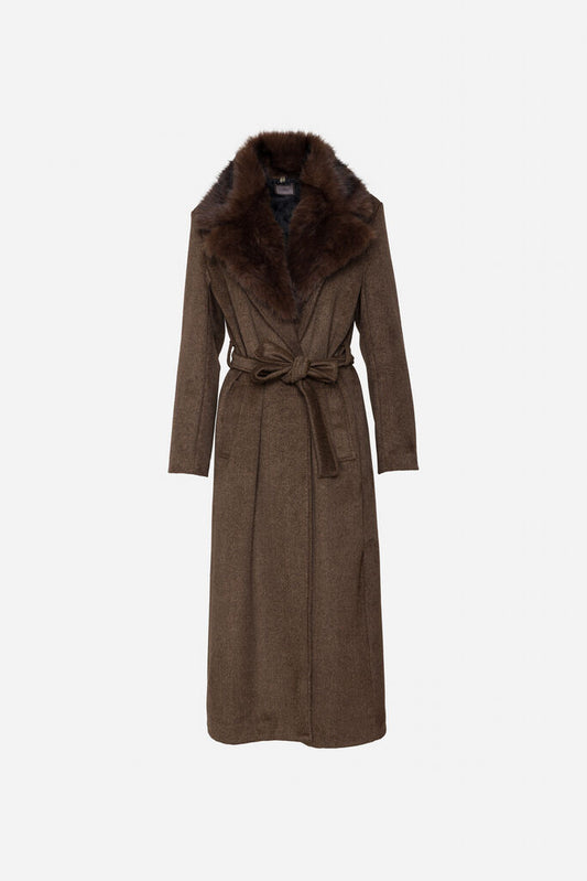 Brown Wool Coat with Fur Collar