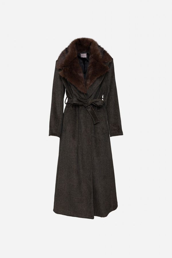 Dark Wool Blend Coat with Luxe Fur Collar