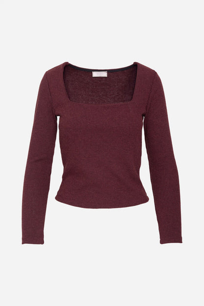 Burgundy Ribbed Knit Square-Neck Top