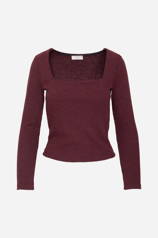 Burgundy Ribbed Knit Square-Neck Top