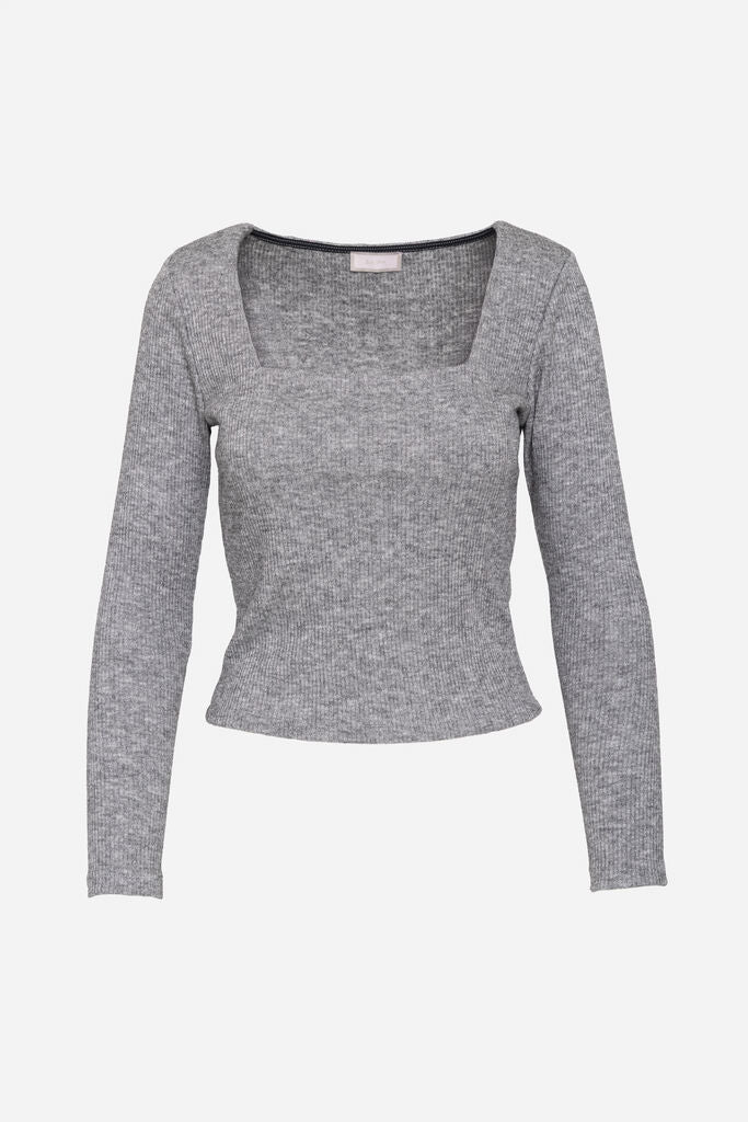 Gray Ribbed Knit Long Sleeve Top with Square Neckline