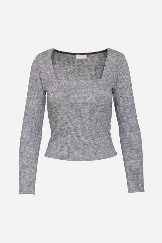 Gray Ribbed Knit Long Sleeve Top with Square Neckline