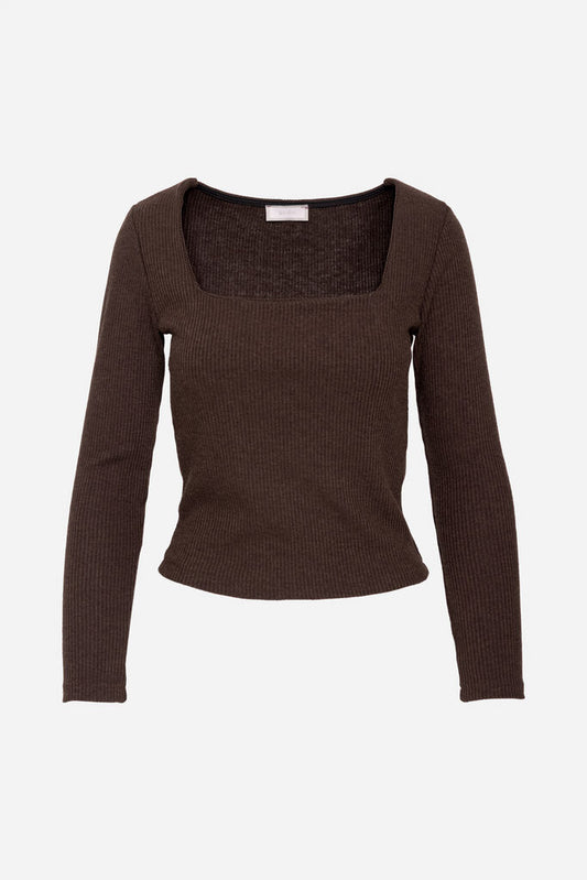 Brown Ribbed Knit Top with Square Neckline