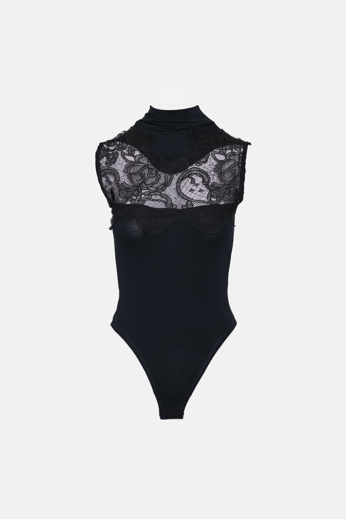 Black Lace Panel Bodysuit with High Neck