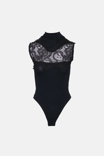 Black Lace Panel Bodysuit with High Neck