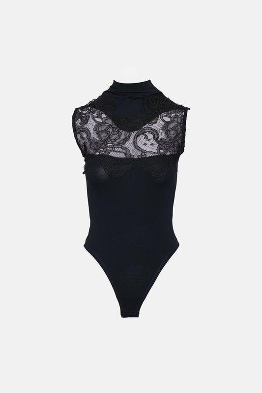Black Lace Panel Bodysuit with High Neck