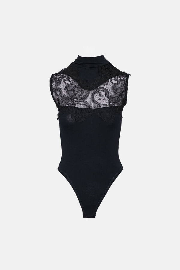 Black Lace Panel Bodysuit with High Neck