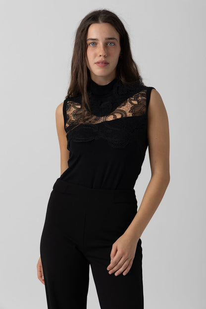 Black Lace Panel Bodysuit with High Neck