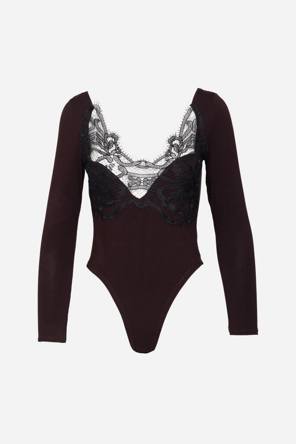 Black Lace Detail Long Sleeve Bodysuit