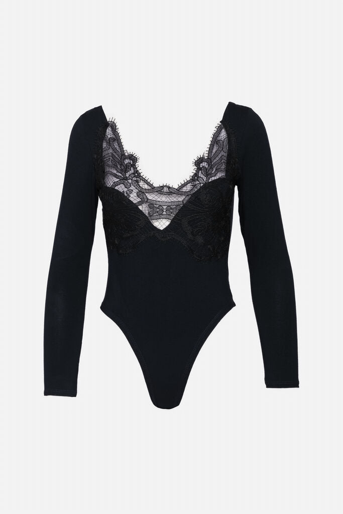 Black Lace Trim Bodysuit with Long Sleeves