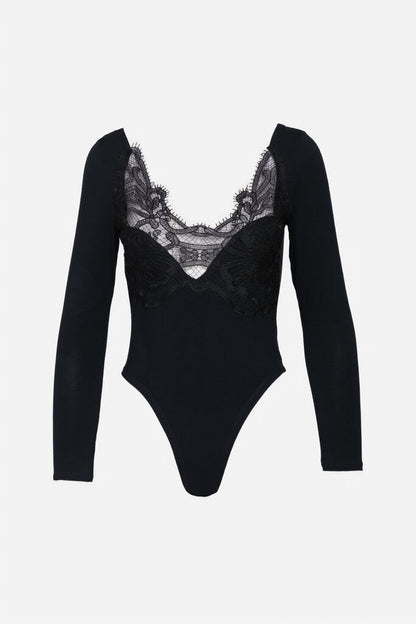Black Lace Trim Bodysuit with Long Sleeves