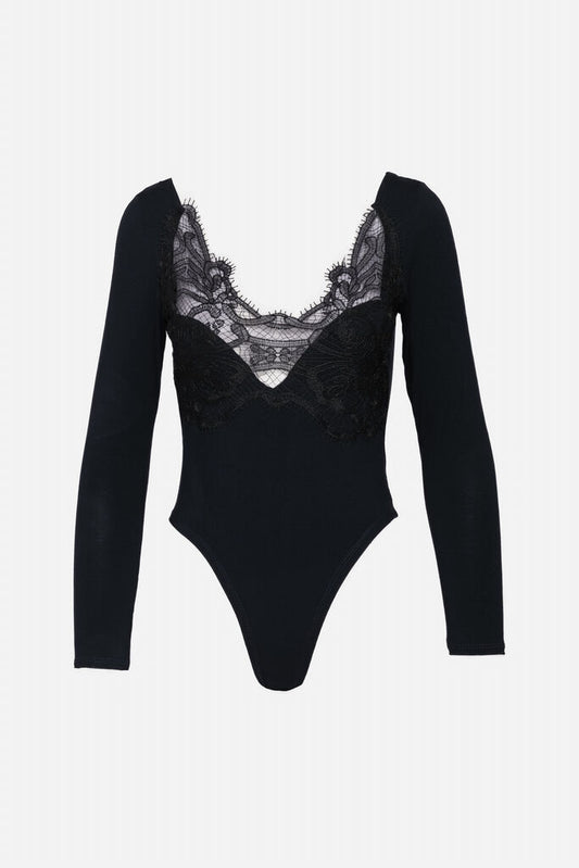 Black Lace Trim Bodysuit with Long Sleeves