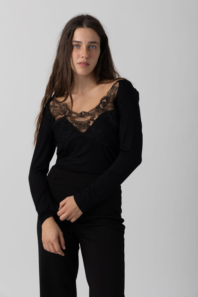 Black Lace Trim Bodysuit with Long Sleeves
