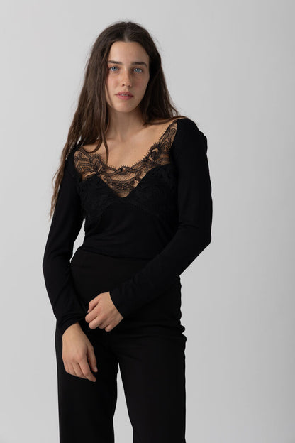 Black Lace Trim Bodysuit with Long Sleeves