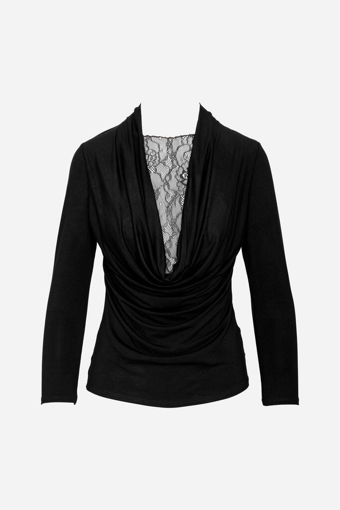 Black Lace Draped Top with Elegant Cowl Neck