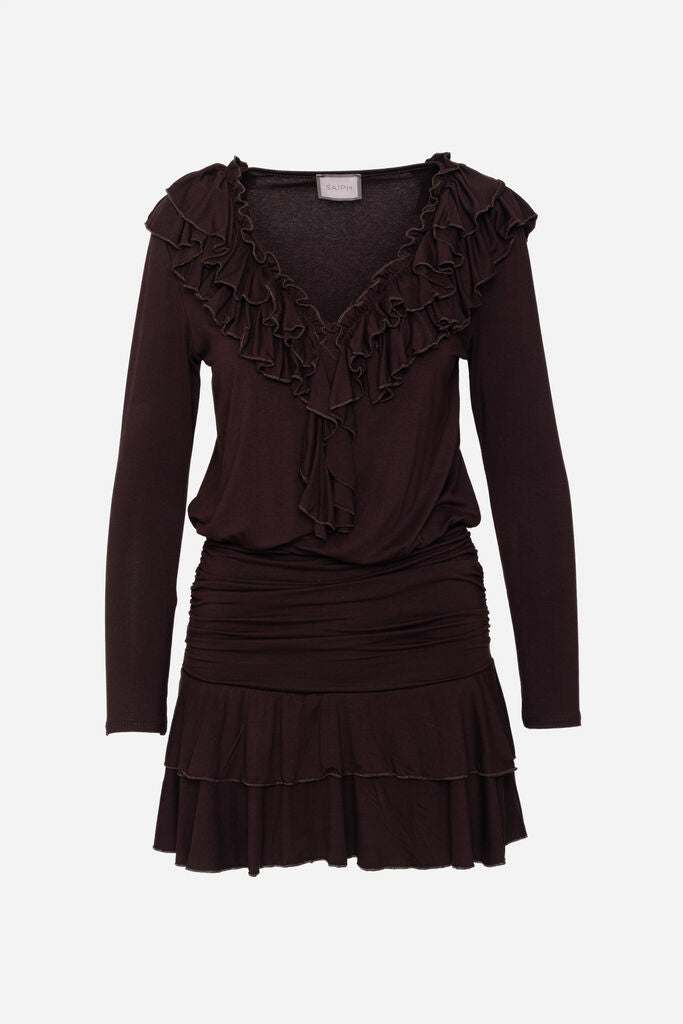 Brown Ruffled Mini Dress with Long Sleeves