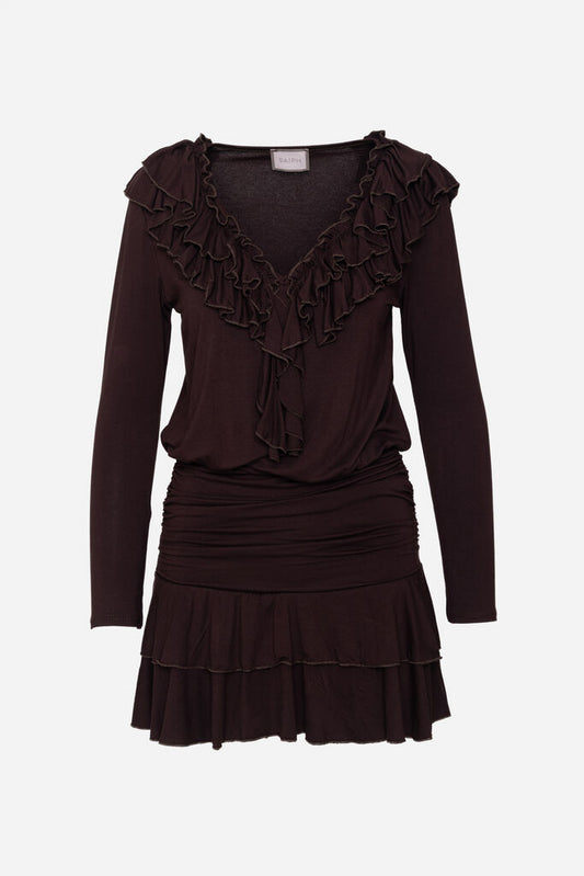 Brown Ruffled Mini Dress with Long Sleeves