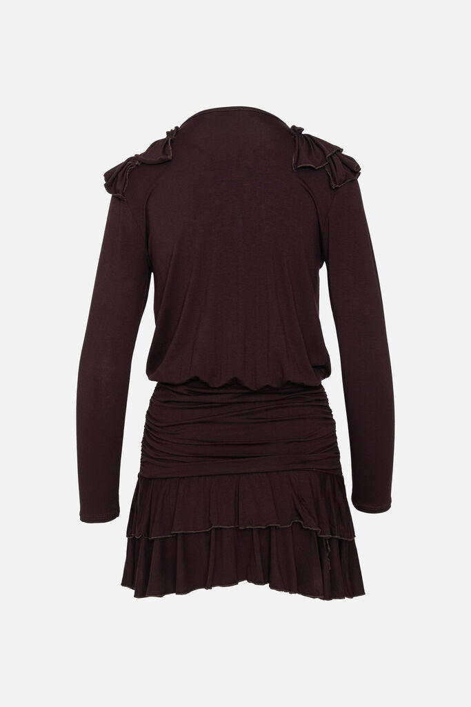 Brown Ruffled Mini Dress with Long Sleeves