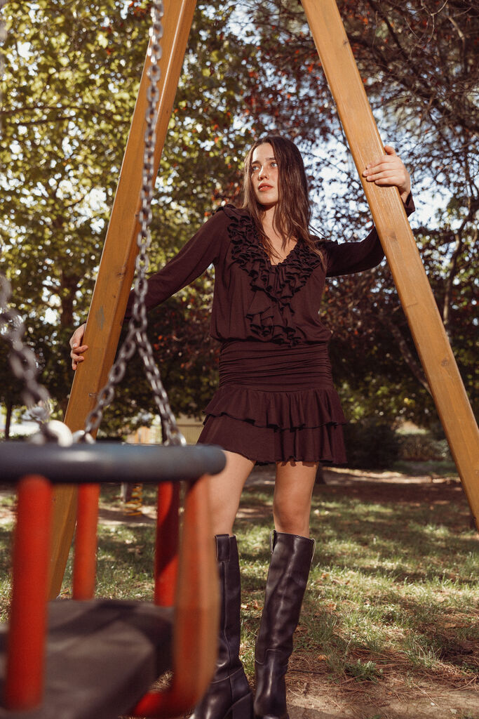 Brown Ruffled Mini Dress with Long Sleeves