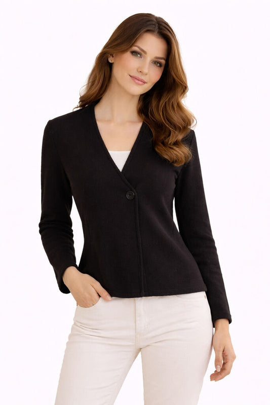Black V-Neck Jacket with Single Button Closure