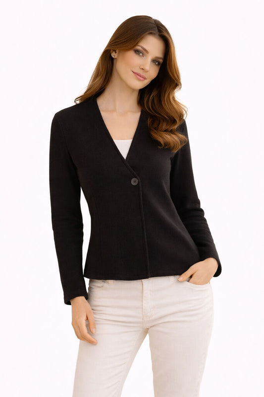Black V-Neck Jacket with Single Button Closure