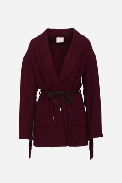 Deep Maroon Knit Cardigan with Belted Waist