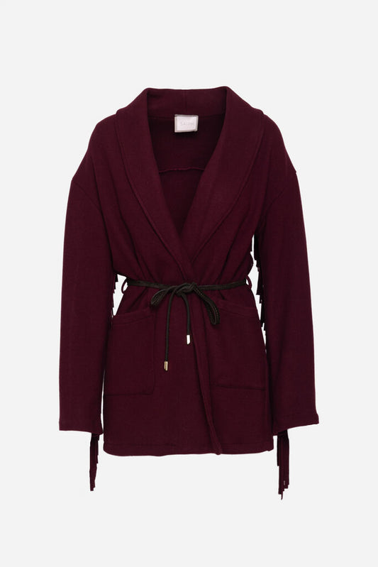 Deep Maroon Knit Cardigan with Belted Waist