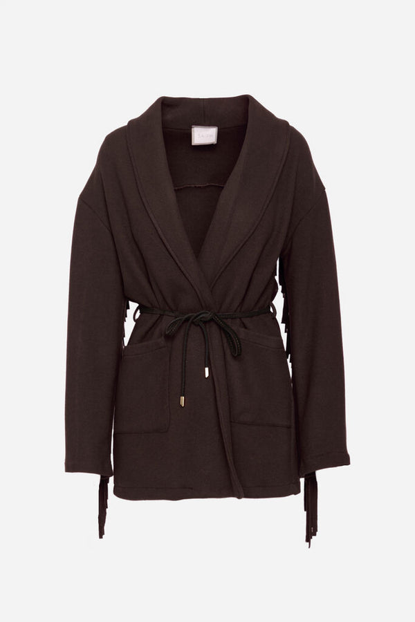 Black Wrap Cardigan with Tie Belt and Front Pockets