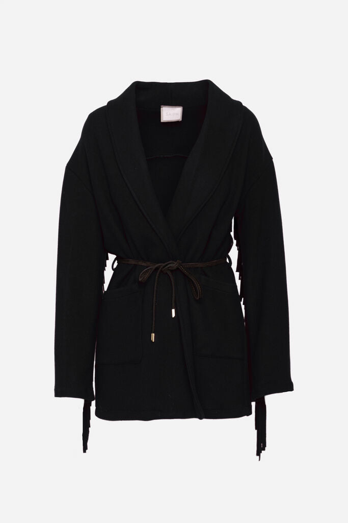 Black Knit Wrap Cardigan with Belted Waist