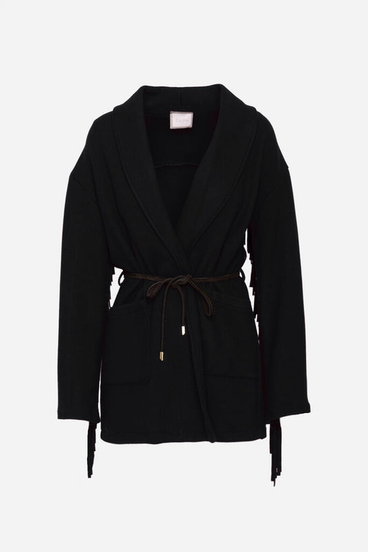 Black Knit Wrap Cardigan with Belted Waist