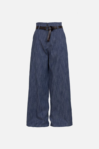 Indigo Denim Wide-Leg Pants with Belted Waist