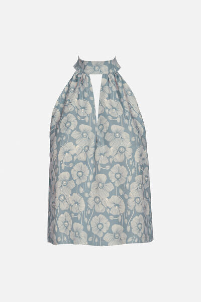 Grey Floral Jacquard Halter Top with Cutout Detail