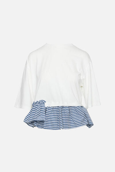 White Cotton Blouse with Striped Hem Detail