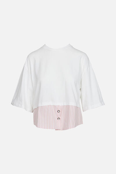 White Cotton Blend Tee with Striped Hem