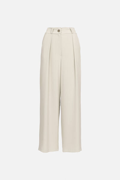 Cream Wide-Leg Trousers with Pleated Front