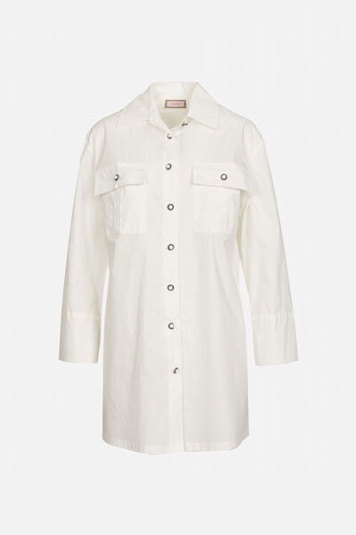 White Cotton Shirt Dress with Button Closure